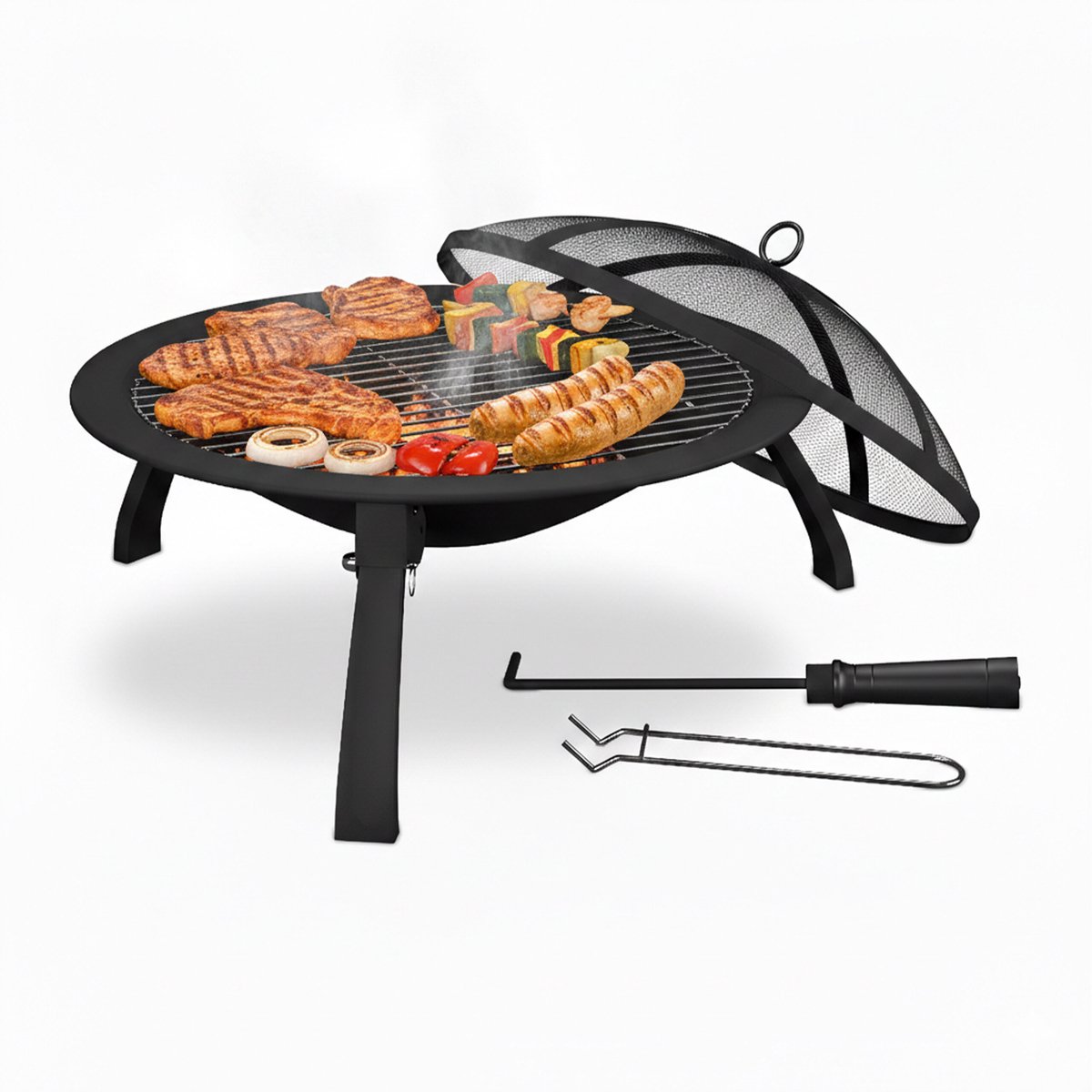 Vuurschaal bbq - Ø 51 cm - met vonkenscherm - inklapbare poten - buiten van Merkloos