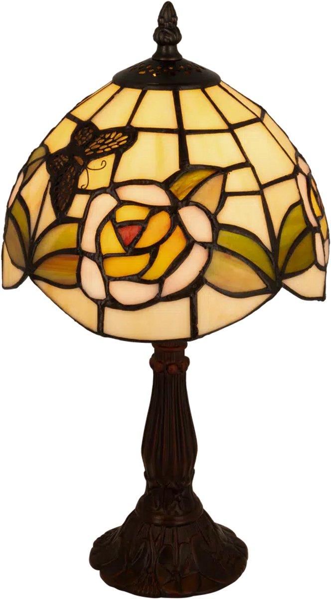 Tiffany tafellamp bloemen en vlinder – warm licht – Ø 20 cm – H 36 cm