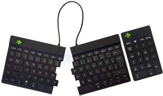 Zwart ergonomisch split-toetsenbord en los numpad, verbonden met een draad.