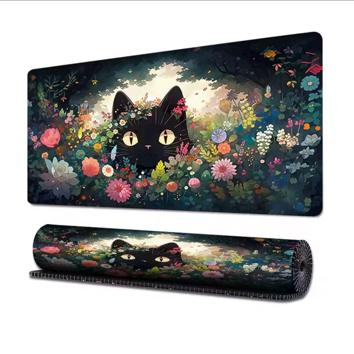 Muismat 700x300 mm – Antislip Deskmat – Waterproof & Easy Clean – Gestikte Randen – Zwart Kat Bloemen Design – Voor Laptop & Werkplek