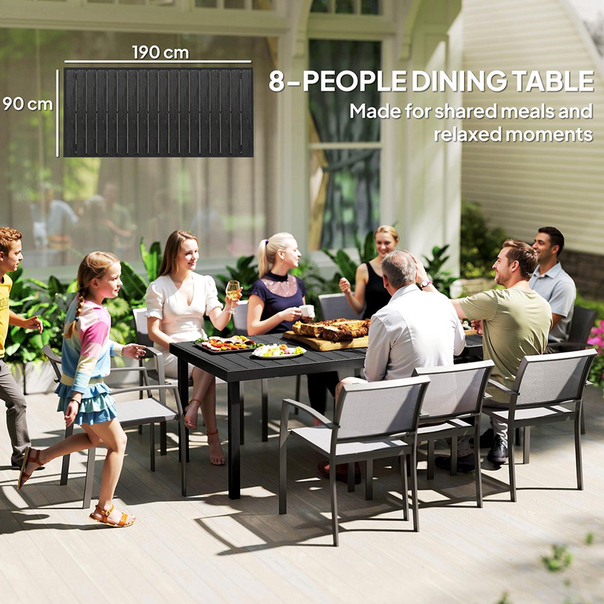 Pugsdrly Tuintafel Buitentafel Buitentafel, weerbestendig, 190 x 90 x 74 cm, Zwart thumbnail 4