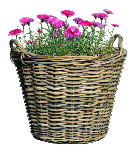 Gevlochten rieten mand met roze bloemen.
