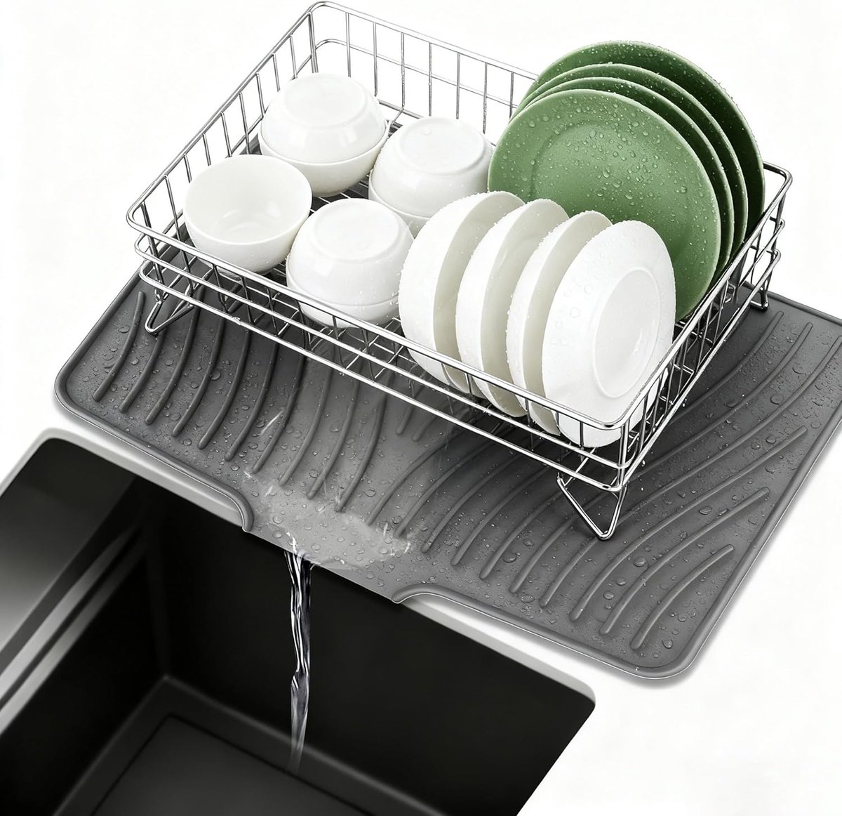 Drainagemat Gegolfd - Keukenmat - Afwas Drogen - Flexibel Siliconen - 40x33x1.5 cm - Grijs