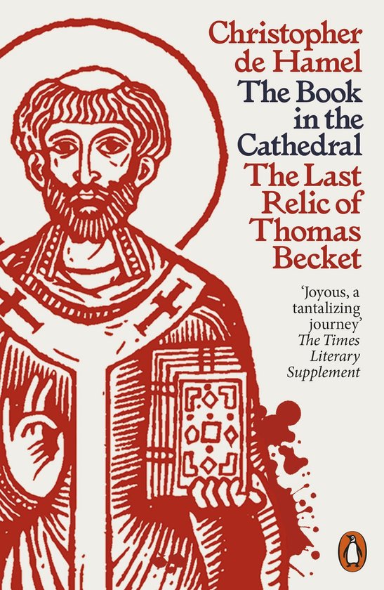 Boek "The Book in the Cathedral" van Christopher de Hamel met een rood-witte illustratie van een bisschop met aureool.