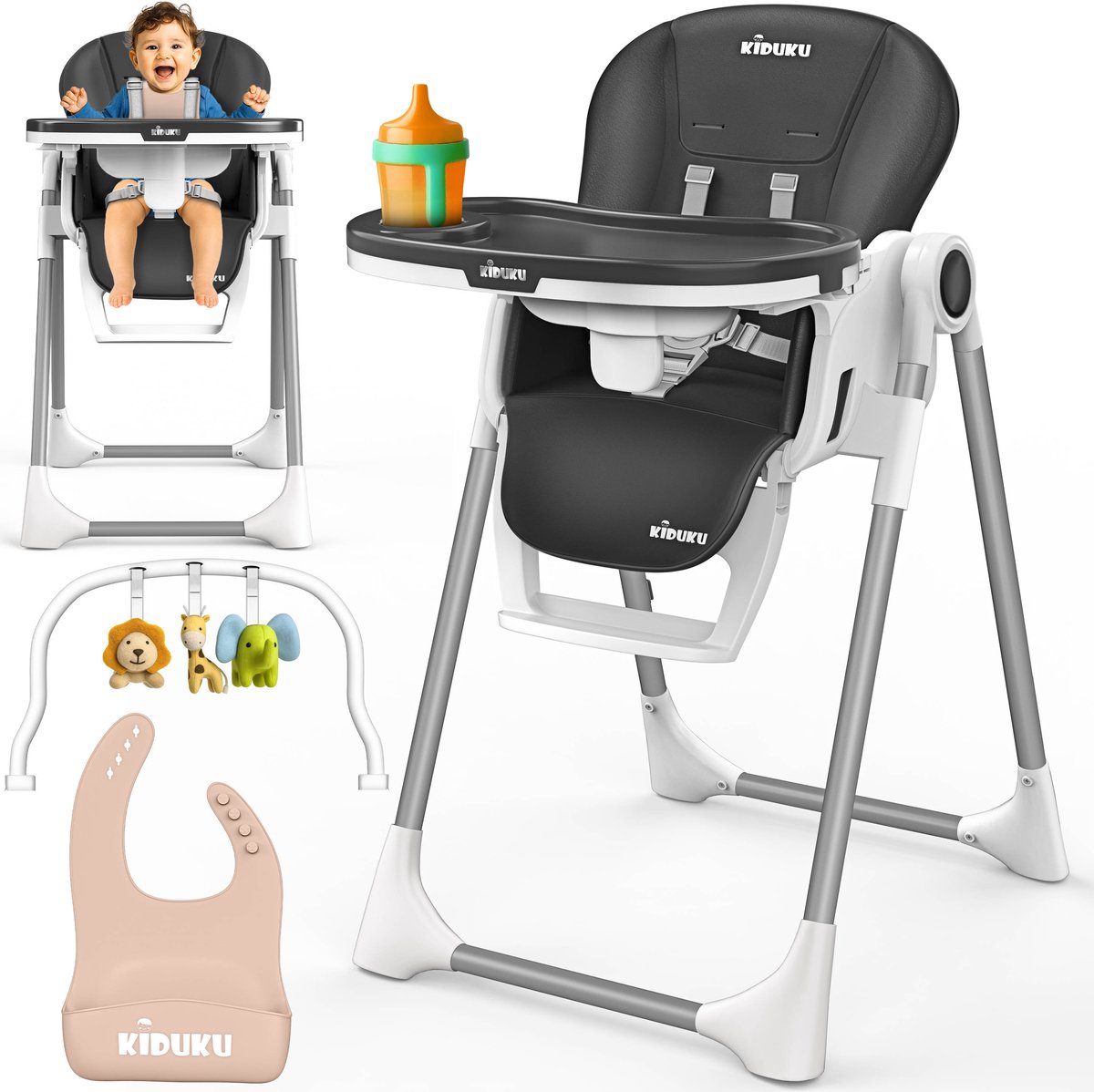 KIDUKU® Kinderstoel Baby 3-in-1 met Opzetstuk voor Pasgeborenen + Slabbetje | Opvouwbare Eetstoel met Speelboog | Verstelbare Evolutieve Kinderstoel met 7 Hoogteposities | 0-36 Maanden (Zwart)