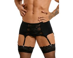 Zeloria Heren Jarretel Boxer Kant – Erotische Lingerie met Bandjes – Zwart – M – Exclusief Kousen