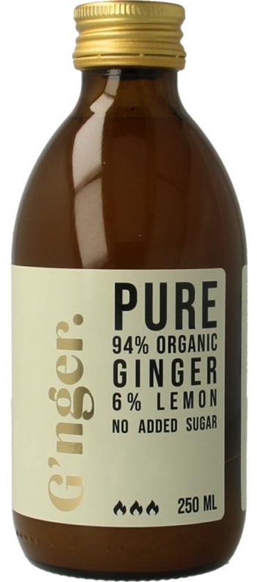 Bruine fles G'nger biologisch gembersap, 94% gember, 6% citroen, zonder toegevoegde suiker, 250 ml.