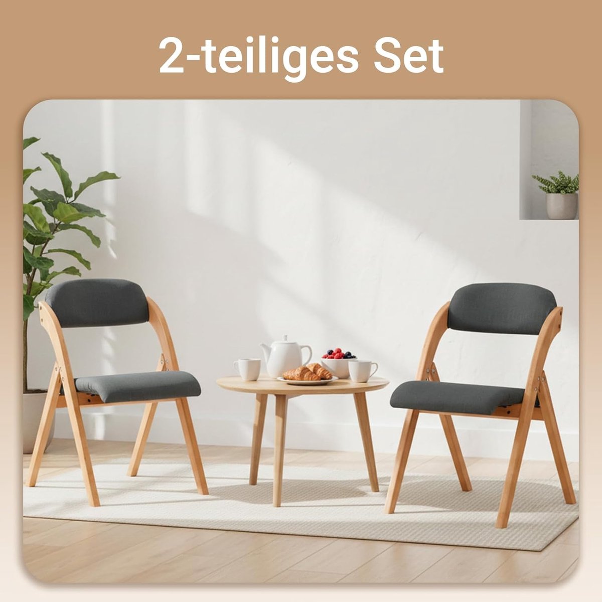 Folding Kitchen & Dining Chair Set 2 pcs – Ergonomic Wooden Chairs with Padded Seat, Space-Saving & Foldable, 47,5 x 77 x 59 cm, Dark Grey – Laura