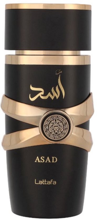 Flacon noir avec des détails dorés, dont deux bandes dorées qui se croisent et l'inscription 'ASAD' en lettres arabes dorées.