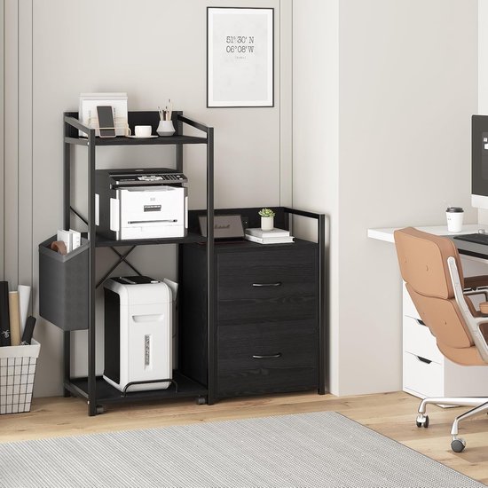 COSTWAY Rolcontainer Met 3 Laden – Mobiele Archiefkast Met Wielen, Printerstandaard, Open Vak, Zwart MDF, 60 Kg Draagkracht