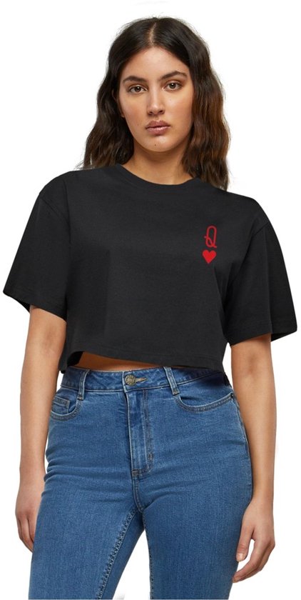Merchcode - Hugs & Love Queen of Hearts Short Oversized Crop top - XL - Zwart