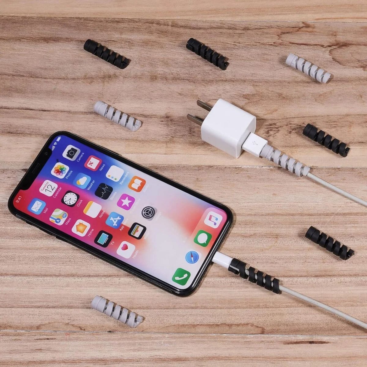 Flexibele siliconen kabelbeschermers 12-pack zwart wit, universeel voor USB-C, Lightning, iPhone, laptop kabels - Afbeelding 4