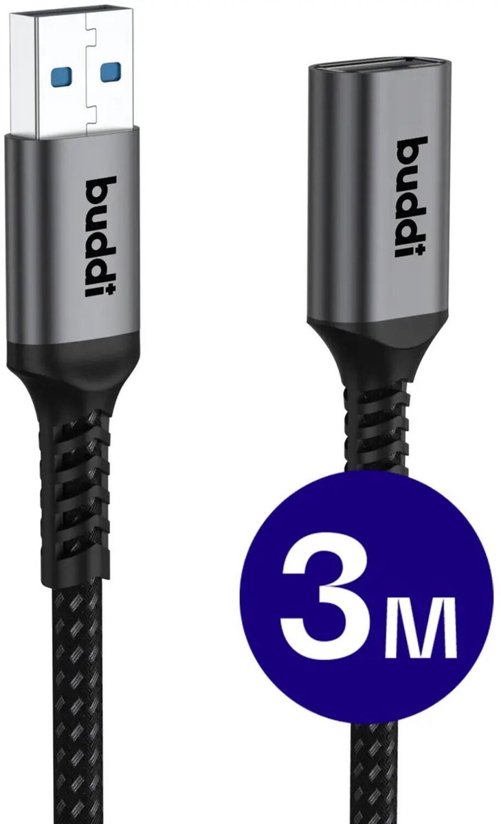 Buddi Flex | USB-A naar USB-A Verlengkabel | USB 3.0 | Female naar Male | Geschikt voor printers, telefoon, USB-sticks, harde schijven en meer | USB Verlengsnoer | Gevlochten Nylon | 3M | Zwart