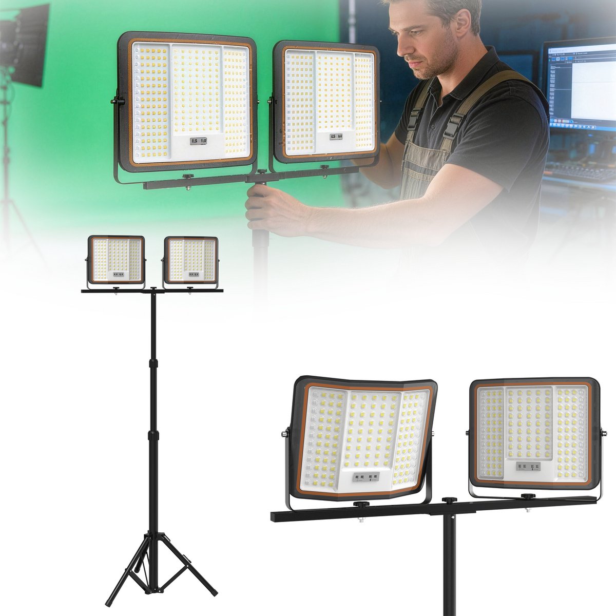 2x100W LED Bouwlamp Accu - Met Statief & 2M Type-C Kabel - 360° Draaibaar - 3 Lichtstanden - Hoogte Verstelbaar 110-174cm - Koudwit - IP66 Waterdicht - Voor Garage, Werkplaats En Bouwplaats - NAIZY