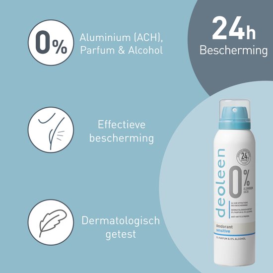 Deoleen 0% Aluminium - Deodorant Sensitive - 24 uur effectieve bescherming - 0% parfum & 0% alcohol - Dermatologisch getest - Anti-witte strepen - 150 ml