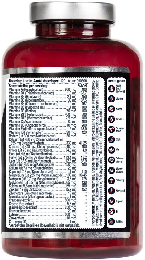 Achterkant van een rode pot met 120 tabletten. Bevat een gedetailleerde ingrediëntenlijst en voedingswaarden.