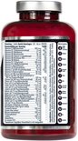 Achterkant van een rode pot met 120 tabletten. Bevat een gedetailleerde ingrediëntenlijst en voedingswaarden.