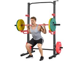 VEVOR Power Cage Squat Rack, 454 KG Draagvermogen, Multifunctioneel Krachtrek voor Thuisgym met 4 Bandhouders, Verstelbare J-Haak en Veiligheidsstangen voor Pull-Ups met Halterstang.