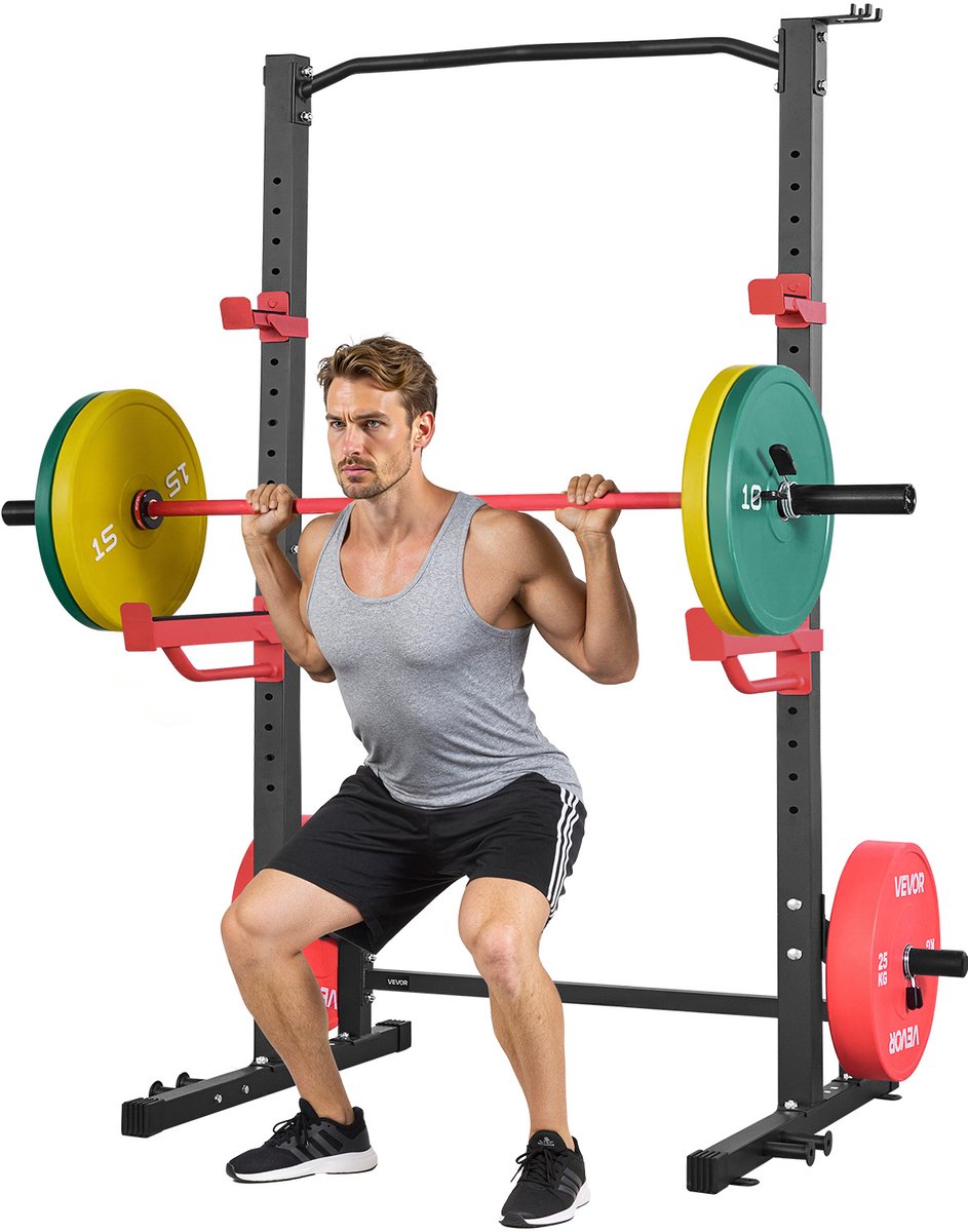 VEVOR Power Cage Squat Rack, 454 KG Draagvermogen, Multifunctioneel Krachtrek voor Thuisgym met 4 Bandhouders, Verstelbare J-Haak en Veiligheidsstangen voor Pull-Ups met Halterstang.