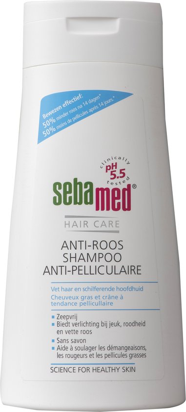 Witte fles Sebamed Anti-Roos Shampoo, 400 ml. '50% minder roos na 14 dagen'.