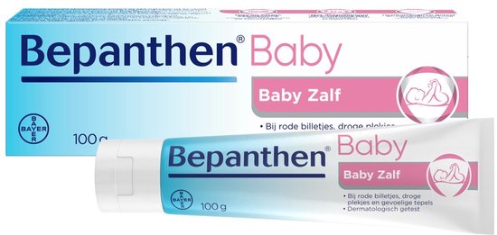 Bepanthen Baby Zalf tube en doos, met rode accenten.