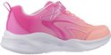 Roze sneaker met oranje voorzijde en golvende witte zool.