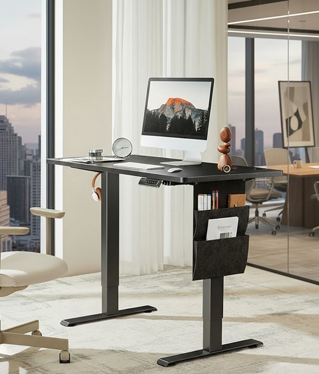 Elektrisch In Hoogte Verstelbaar Bureau met Opbergtas en Hoofdtelefoonhaak – Ergonomisch Computerbureau voor Thuiskantoor, Stabiel en Duurzaam, 120 x 60 cm, Zwart A-Furniture