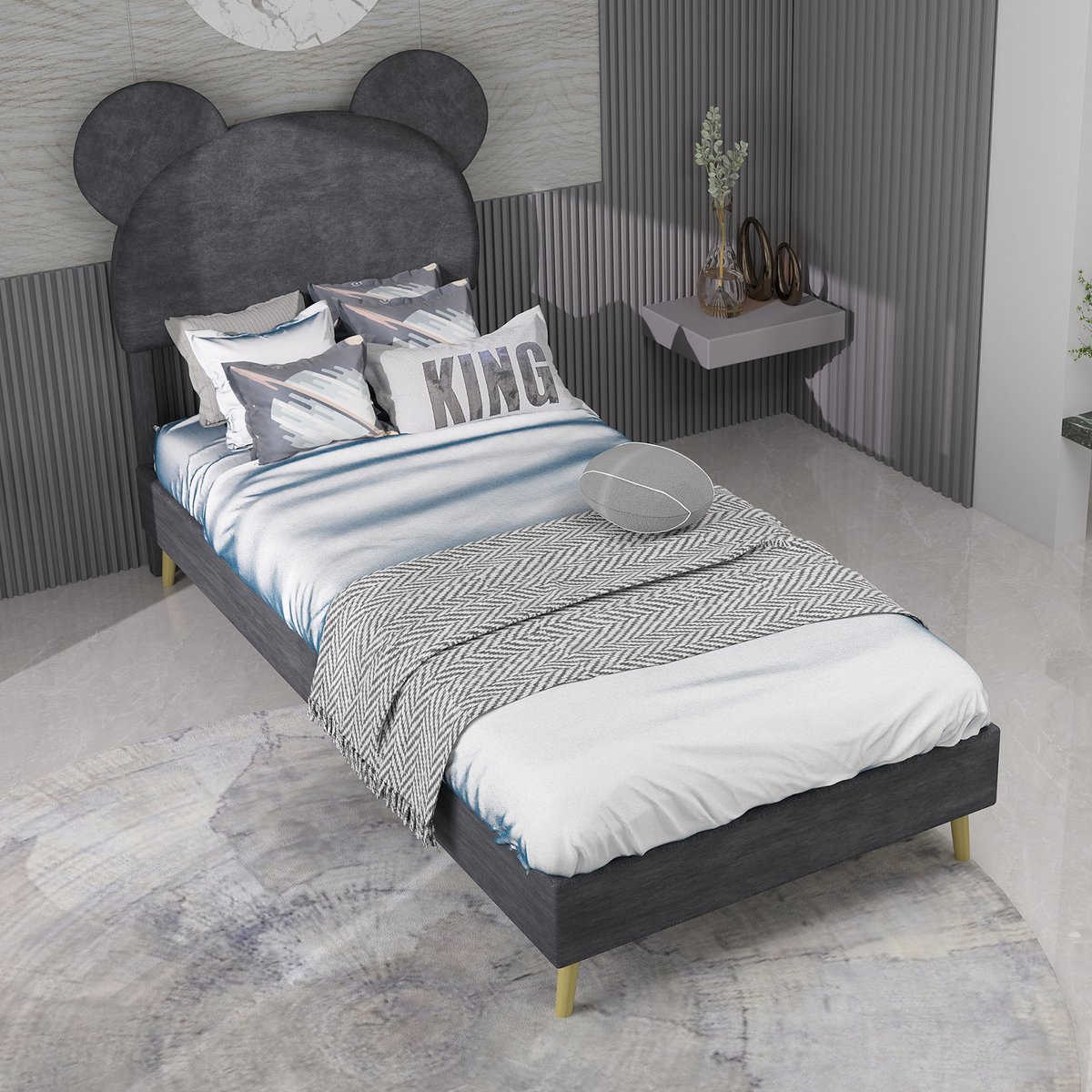 REDOM Gestoffeerd Bed – 90x200 cm – Cartoonvormig hoofdbord – Pneumatische opbergruimte – Stof & metaal – Grijs