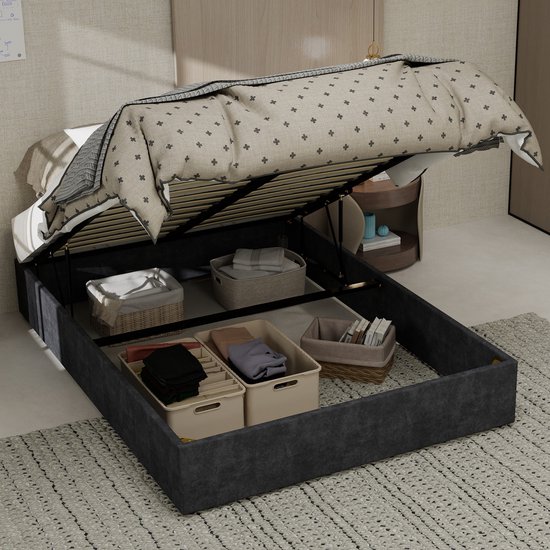 REDOM Bedframe – 140x200 cm – Verstelbare rugleuning – Stevig ondersteund – Modern – Stof & metaal – Grijs