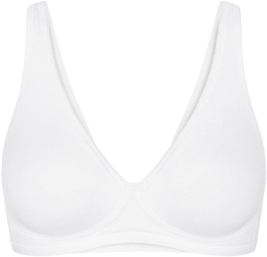 Witte beugelvrije Sloggi BH met V-hals en decoratieve rand.