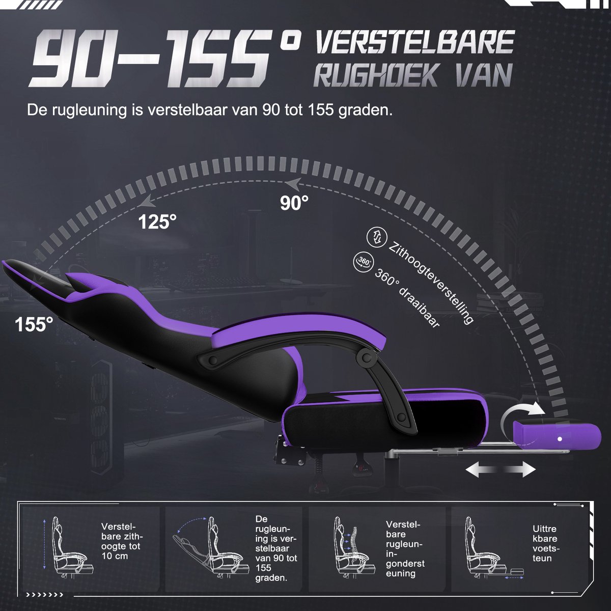 Hiaonyx Gaming Stoel 170° Verstelbaar Paars met Voetsteun - afbeelding 2