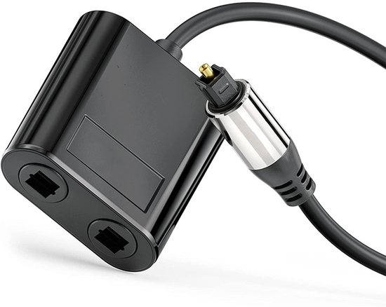 Zwarte optische audio splitter met twee Toslink-uitgangen en een zilverkleurige Toslink-ingang met gevlochten kabel.