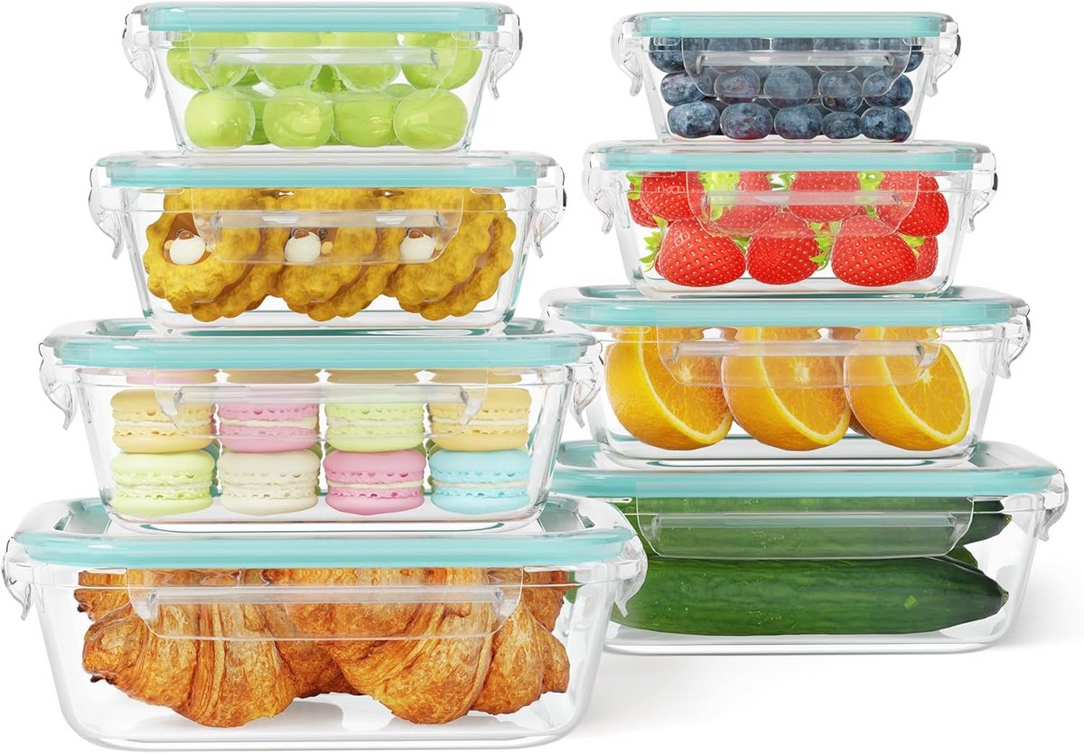 Set van 8 stapelbare glazen voedselcontainers met luchtdicht deksel - Vriezer, Magnetron en Ovenbestendig