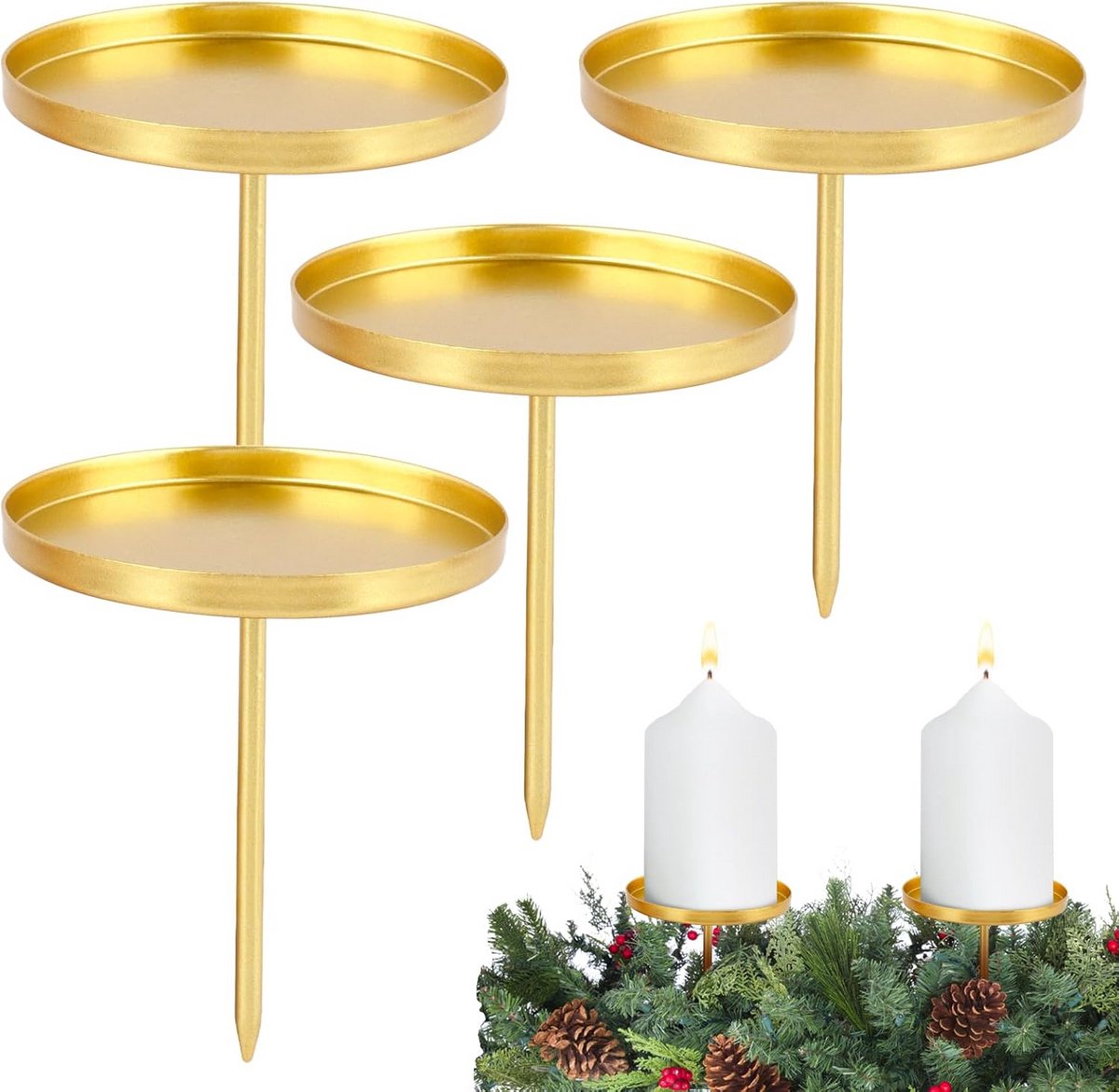 Set van 4 Gouden Kaarshouders voor Adventskrans, 8 cm Diameter