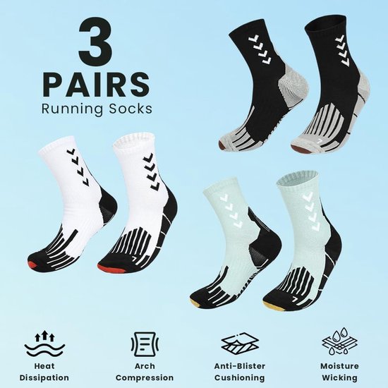Sport Hardloopsokken 3 Pack voor Heren en Dames - Dempende Ronde Sokken met Voetboogondersteuning voor Hardlopen, Wandelen en Buitensporten - Maat EU39-47. — afbeelding 4
