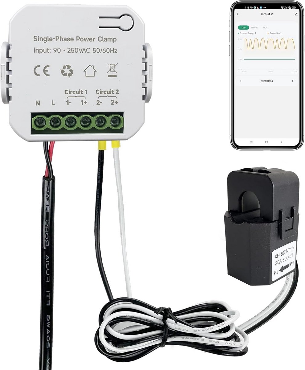 Slimme Energiemeter WiFi 80A - Realtime Stroomverbruik Meten - Eenfase Klem
