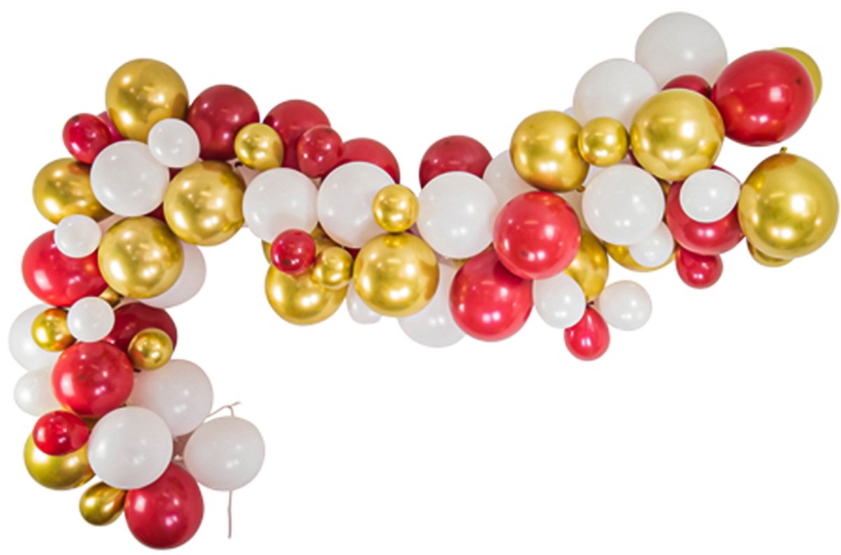 ARTYFETES - Chique traditionele 80 ballonnenboog rood, wit en goud kerstkit