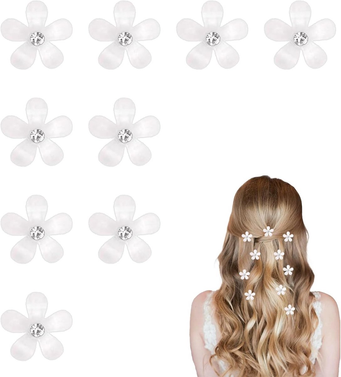 10x Witte Bloemen Haarspeldjes met Kristal Strass voor Bruiloft en Feestkapsels
