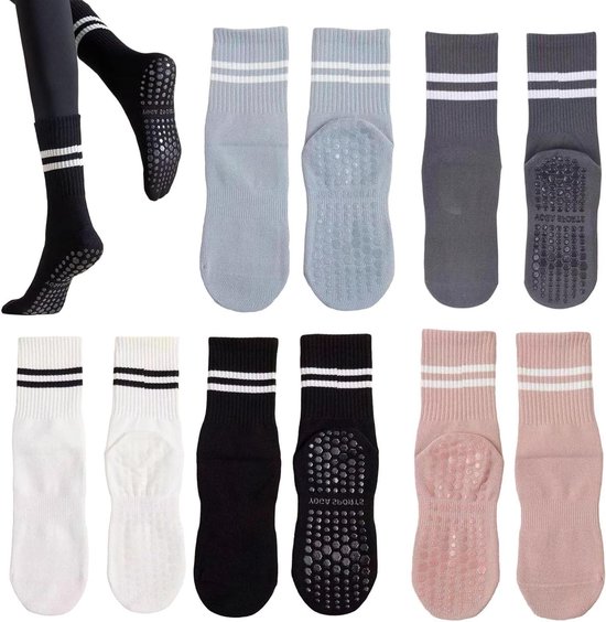 Chaussettes antidérapantes pour Pilates - Chaussettes de sport unisexes avec confort respirant - Set de 5 - Zwart, Wit, Grijs, Roze, Blauw.