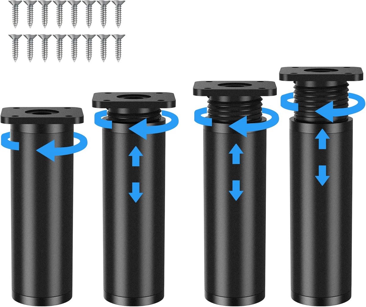 Set van 4 Verstelbare Meubelpoten Zwart - Aluminium & PVC - Hoogte 15-17 cm - Voor Bank, Tafel en Kast