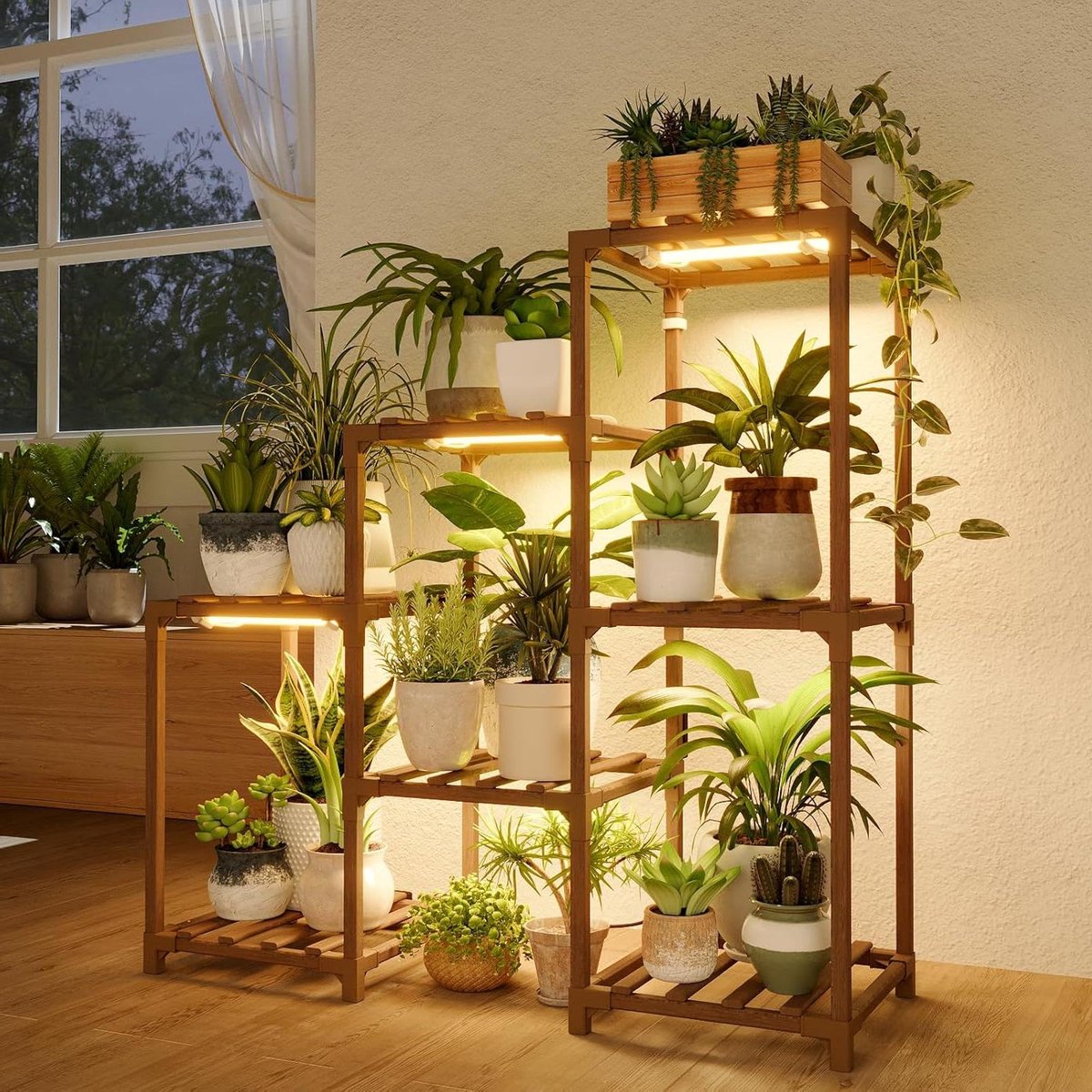 Plantenrek met 3 etages voor meerdere potten - Woonkamer en tuin decoratie - Kweeklamp en ladder standaard - Warm wit licht