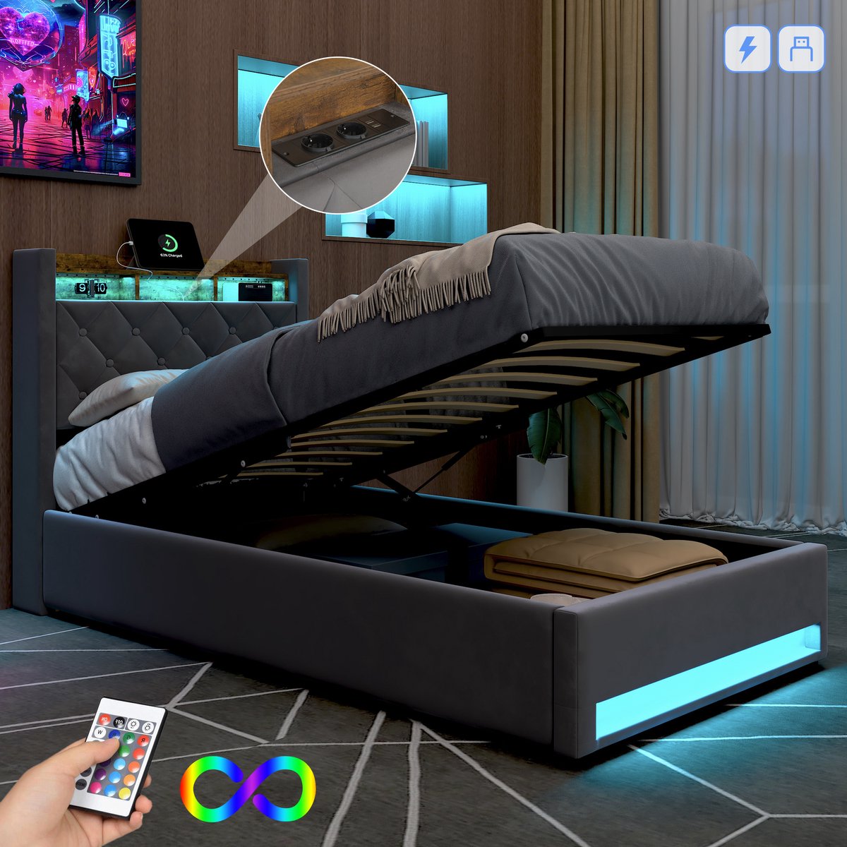 MIVRAY Polsterbed 90x200 cm - Groot Opbergvak - USB Poort - LED Verlichting - Veilig Ontwerp - Grijs - Samt + Metaal