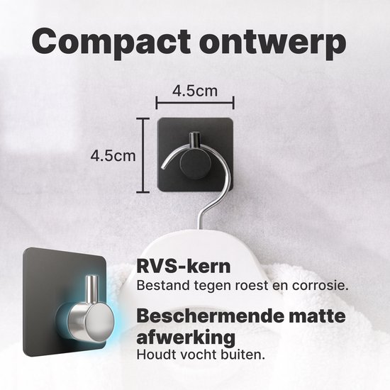 Een zwarte, compacte haak van 4,5 cm bij 4,5 cm met een RVS-kern en matte afwerking.