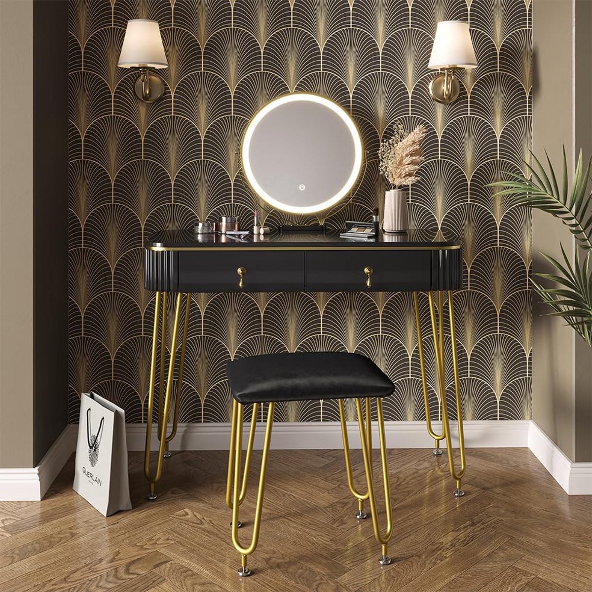Kaptafel met LED Spiegel en Kruk Zwart Hoogglans - Ruime Make-up Tafel met Laden