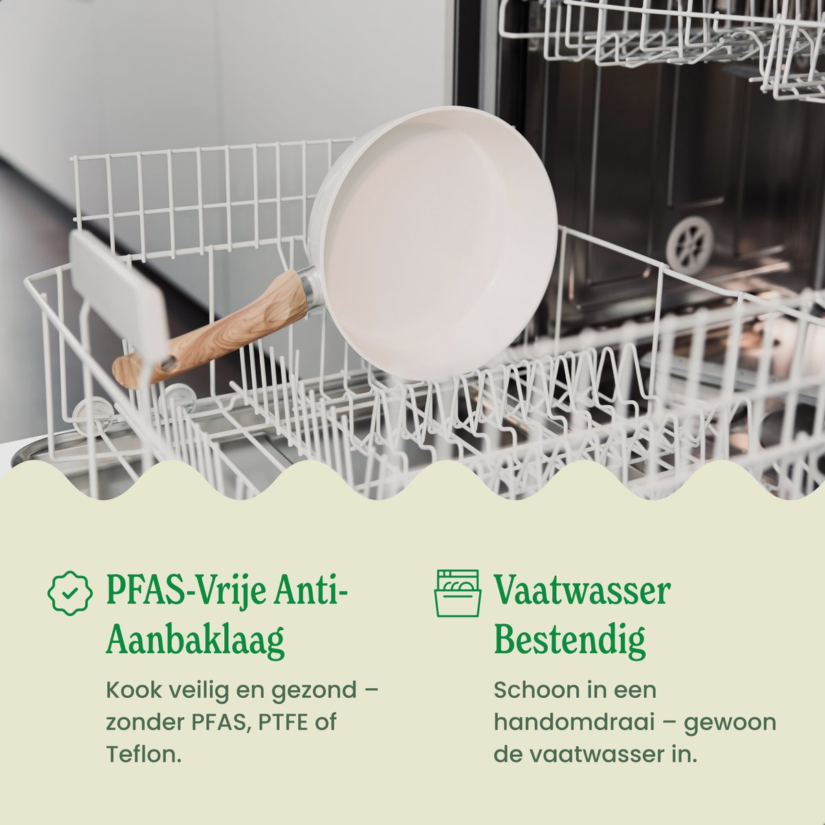 Cook & Pan 7-Delige Pannenset Crème - PFAS vrij - Alle Warmtebronnen - Pannen Set met 7 jaar Garantie - Krasbestendige Anti Aanbaklaag - Vaatwasserbestendig - Gas, Inductie, Elektrisch, Oven - Koekenpan, Wokpan, Steelpan, Hapjespan, Kookpot - Beige – foto 5