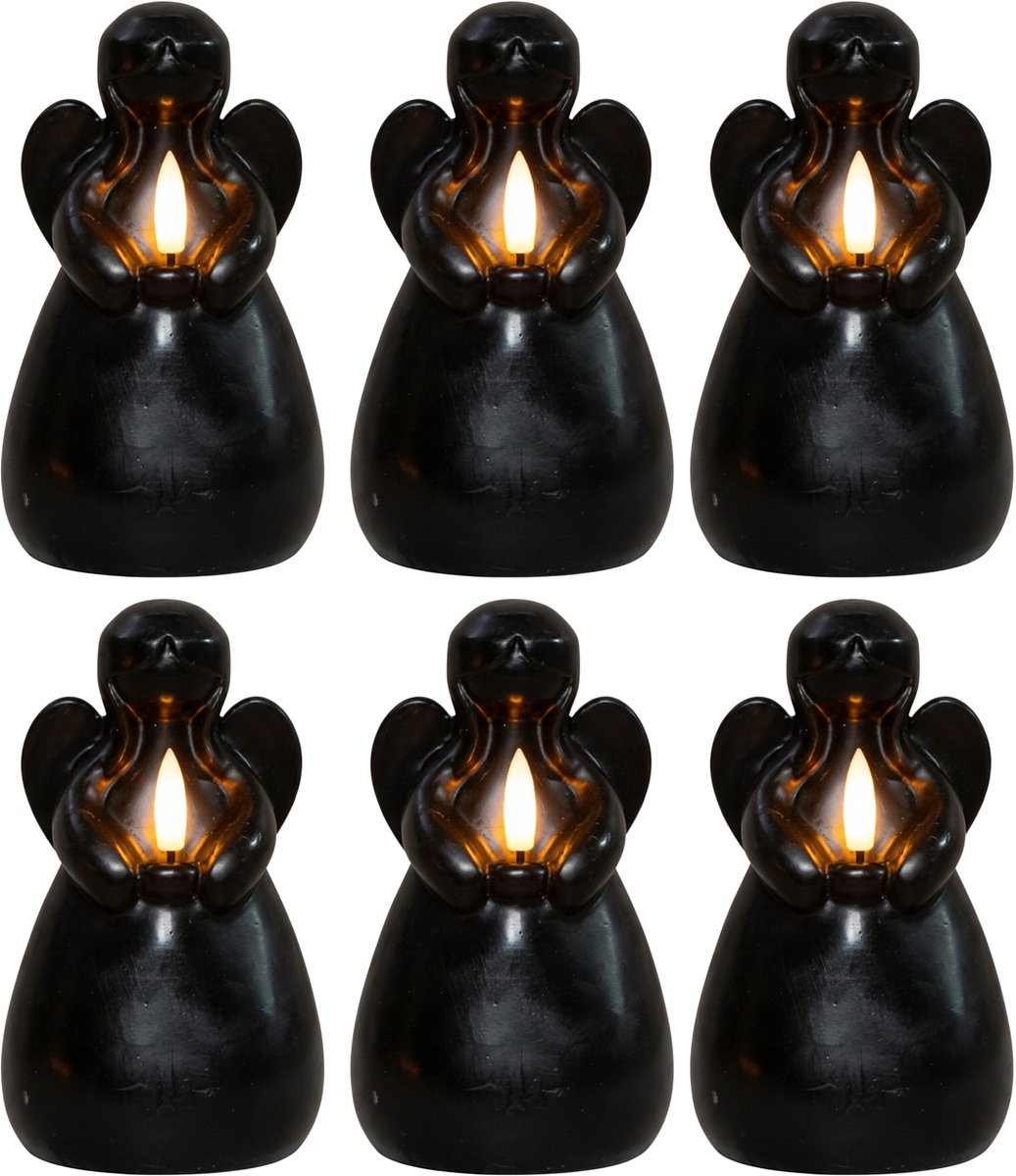 Anna's Collection LED kaars engel - 6x - zwart - 14 x 8 cm - met timer - op batterijen - kerst - kerstkaarsen