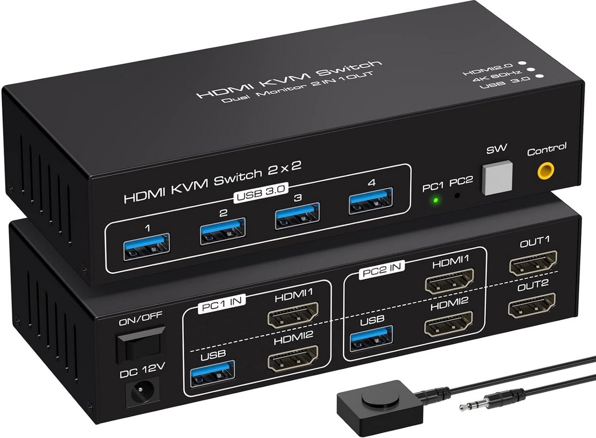 KVM Switch Dual Monitor 2 PC's Delen 4K60Hz met 4 USB 3.0 Poorten