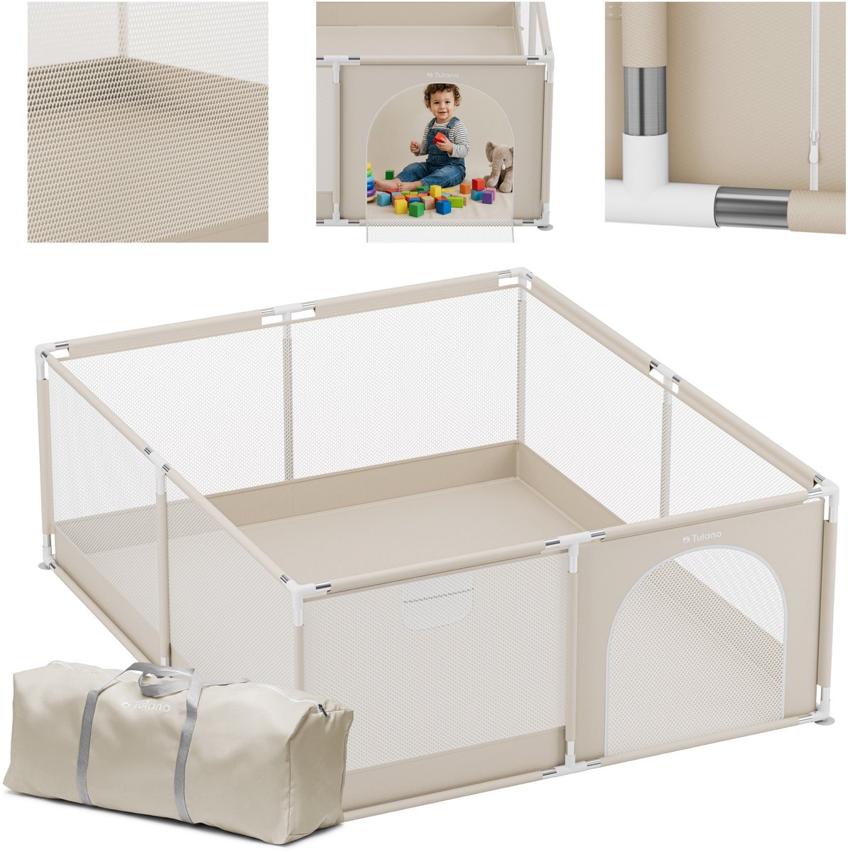 Tulano Cozy 25 - Grondbox / baby box / kinderbox - 150x180 cm - voor binnen en buiten - beige - ademend gaas - EN71 gecertificeerd - 6 tot 36 maanden - Beige