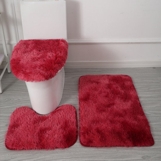 Badmatten Set 3-Delig - Ultrazacht Microfiber & Antislip - Inclusief U-Mat En Wc-Brilhoes - Wasmachinebestendig - bordeauxrood