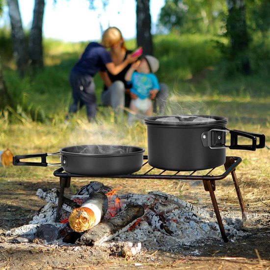 15-delige Camping Kookset - Anti-Aanbak Pannen en Kookgerei - Inclusief Bestek, Bekers en Borden - Lichtgewicht voor Backpacken, Outdoor en Picknick - 1 Set — afbeelding 3